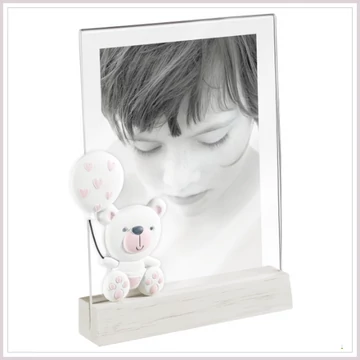 KIDS fényképkeret acryl+fa maci lufival rózsaszín
